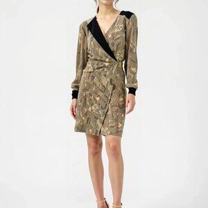 NWT Trina Turk Black Tan Nude Beige Gold Geometric Faux Wrap Silk Dress 10